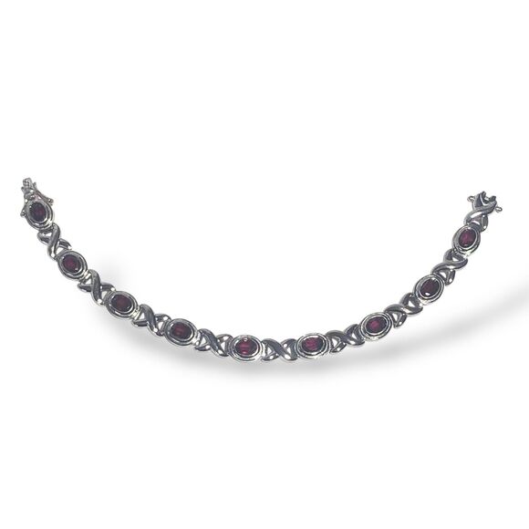 Vintage 925 Sterling Silver Garnet Stone XO Link Bracelet 7" / Fits 6.5" Wrist - Picture 4 of 10